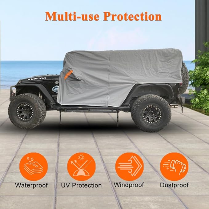 Cab Cover for Jeep Wrangler JK JL 4 Door 2007-2026, Waterproof Wrangler Rain Cover with Driver Door Zipper Soft Inner Liner All Weather Snow Rain UV Protection
