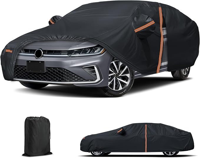 Waterproof Car Cover for 2011-2025 VW Jetta, All Weather Sedan Outdoor Sun UV Rain Dust Snow Wind Protection Cover for Automobiles with Zipper Door & Windproof Bands (Black)