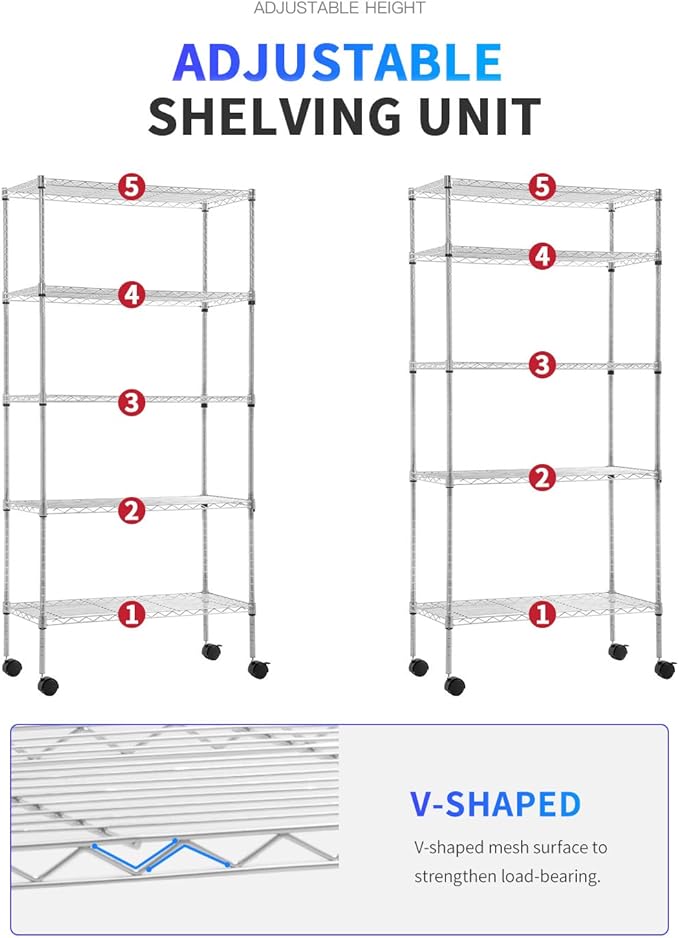 BestOffice 14"x30"x60" Storage Shelves Heavy Duty Shelving 5 Tier Layer Wire Shelving Unit with Wheels Metal Wire Shelf Standing Garage Shelves Storage Rack,Adjustable NSF Certified (Chrome)