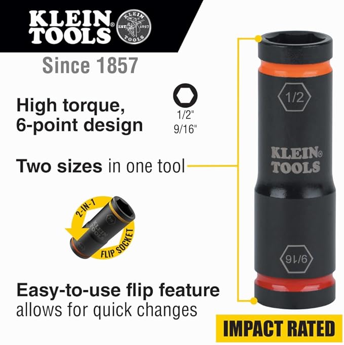 Klein Tools 66076 Impact Driver Flip Socket, 9/16- and 1/2-Inch Sizes, Use with Klein Tools Compact Impact Wrenches BAT20CW, BAT20CW1
