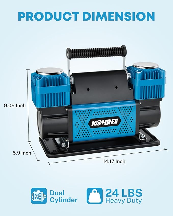 Kohree 12V Dual Cylinder Air Compressor, 12.35 ft³/Min Fast Tire Inflator, Portable Heavy Duty Tire Pump with Max 150 PSI for Offroad Truck, RV, 4x4 Vehicles