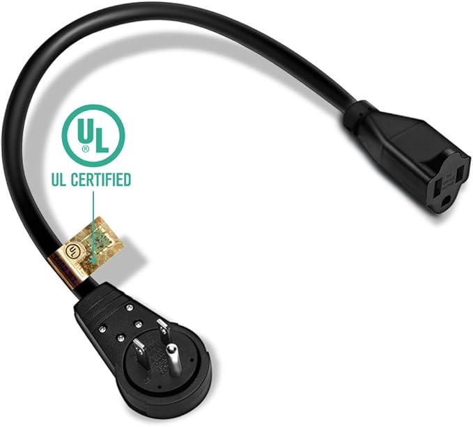 Nekteck 360° Rotating Flat Plug Extension Cord 1 Foot, 14AWG 3 Prong Extension Cord, Low Profile Right Angle Power Cord, Flat Extension Cord Grounded Wire, 15A - UL Certified, Black
