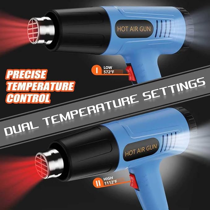 Heat Gun 572 & 1112℉ Dual Temperature Control Heavy Duty Heat Gun' with 4 Nozzles Fast Heating Overload Protection Hot Air Gun For Shrink Tubing, Vinyl Wrap, Crafting,Resin,5Ft Power Cord