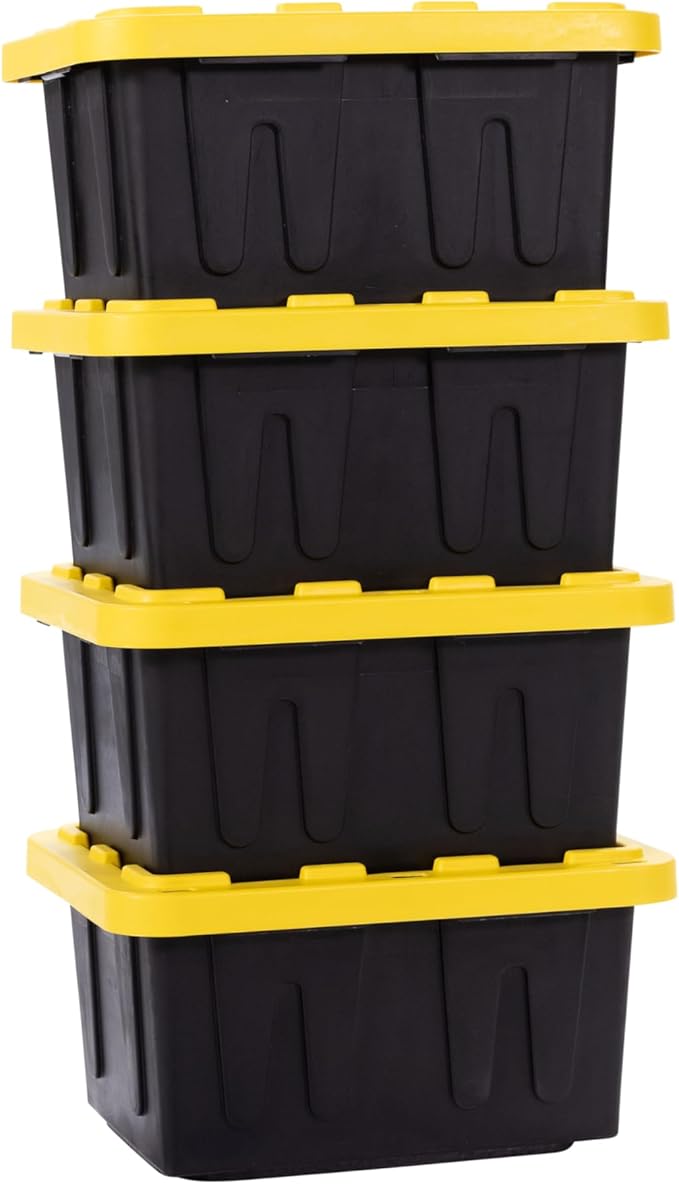 Plastic 5-Gallon Storage Tote with Lockable Lid, Stackable Tough Regular-Duty Bin for Garage, Tools, and Home Organization (4-Pack) - Black and Yellow
