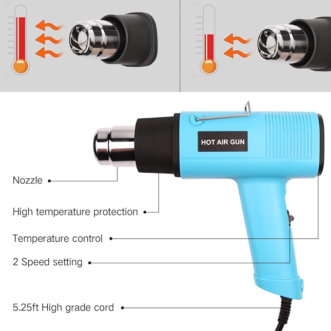 LDK Heat Gun 1200W 140℉~932℉ (60℃-500℃) Heavy Duty Hot Air Gun Kit Variable Temperature Control with 2 Temperature Settings 2 Nozzles for Crafts, Shrink Wrapping, Candle Making, Epoxy Resin