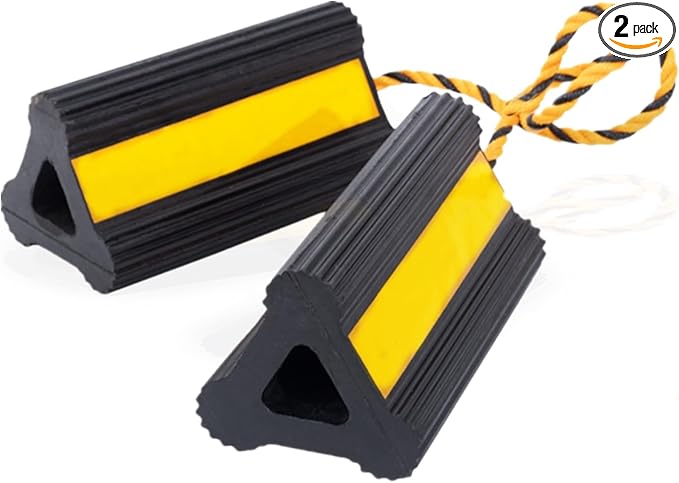Wheel Chocks Rubber Heavy Duty Trailer Wheel Chocks with Yellow Reflective Visibility Tape and Yellow Nylon Rope 8.27" x 4.53" x 3.94" (Comes with Spare Yellow Reflective Strip)