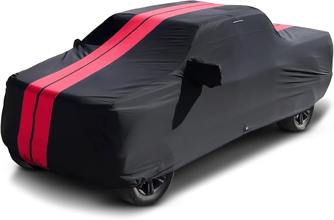 iCarCover Premium Plus Truck Cover Waterproof All Weather Rain Snow UV Sun Protection, F-150 250, C/K 3500, Silverado, Ram, Tundra, Sierra, Titan, Size T70 (See Size Chart) Stripe - Black/Red