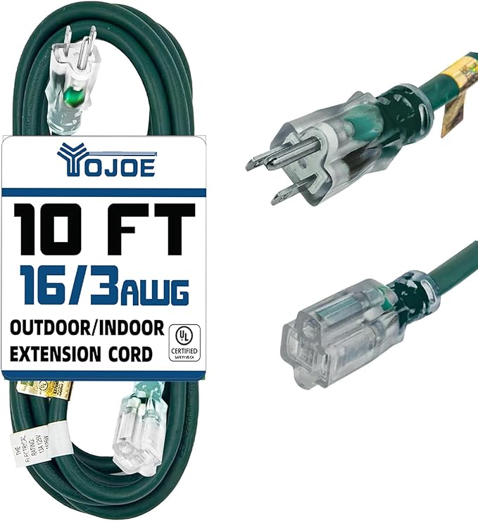 YOJOE Indoor Outdoor Extension Cord with Lighted End, 3 Prong 13A Weatherproof Power Cord, 16 Gauge Heavy Duty 10 ft Green Extension Cord for Garage, Garden and Home, 16/3 SJTW UL Listed
