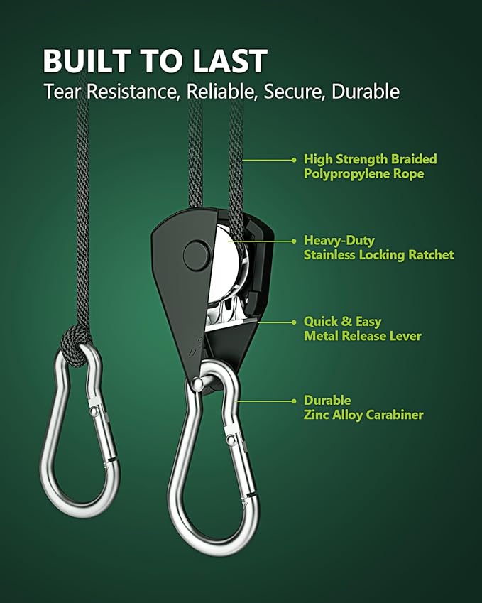 4-Pack 1/8" Adjustable Rope Hanger, Heavy Duty Ratchet Tie Down Strap with Reinforced Metal Gear, Ratcheting Pulley System Kayak Straps for Hanging Plants Grow Light and Various Tie-Down Uses