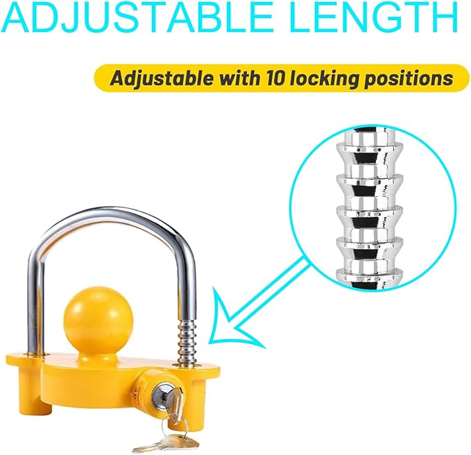 Trailer Lock Universal Hitch Lock with Keys fit 1-7/8"", 2" er, and 2-5/16" Couplers, Universal Adjustable Ball Hitch Coupler Lock(Yellow)