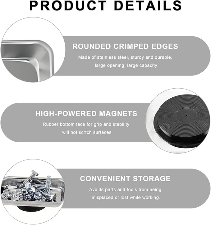 2 PCS Magnetic Parts Tray Set, Stainless Steel 5.6"×2.5" Square Magnetic Tool Tray for Mechanic's, Thickened Magnet Parts Tray for Screws, Bolts, Nuts, Washers, Pins