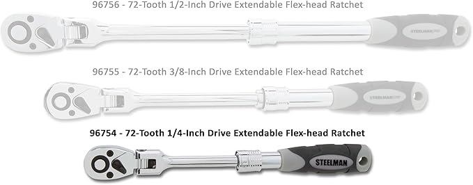 Steelman Pro 1/4-inch Drive 72-Tooth Extendable Flex-Head Ratchet (6.75-8.75-Inch Length), Heat-Treated Chrome-Vanadium Steel, Quick Release, Comfort Grip, Ideal for Auto Mechanics/Confined Spaces