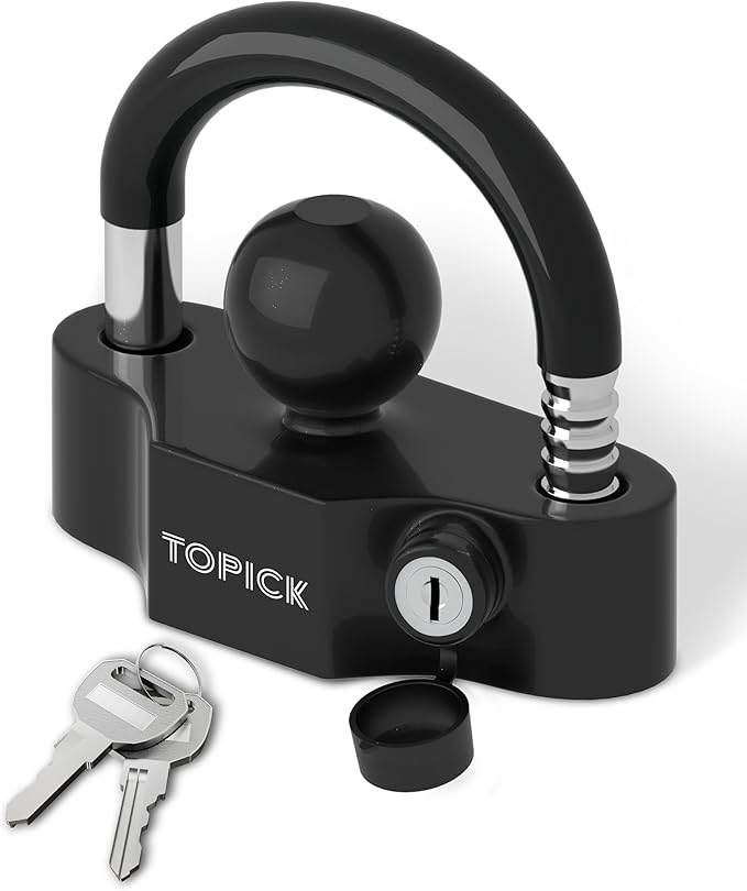 TOPICK Heavy-Duty Trailer Coupler Lock with PVC-Coated U-Bolt, Universal Fit for 1-7/8", 2", 2-5/16" Hitch Couplers, Anti-Theft Security for RV, Boat, Utility Trailers, Black