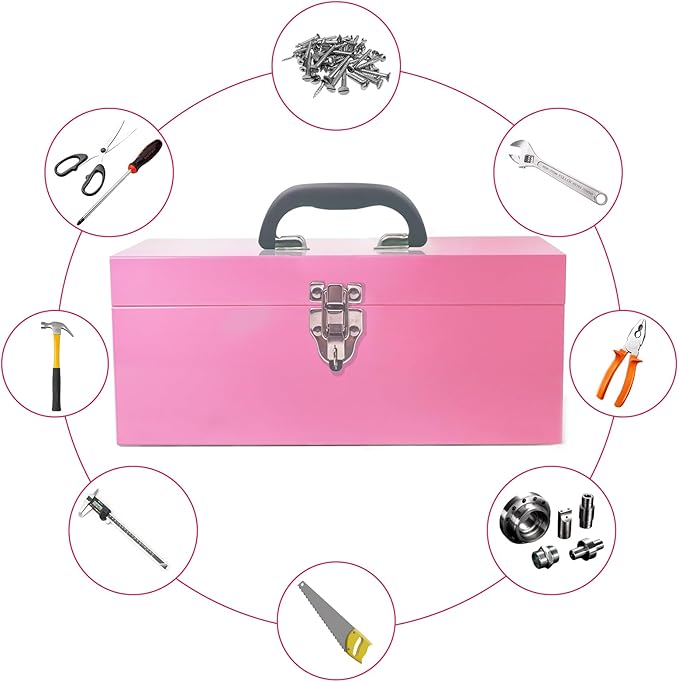 16" Portable Metal Toolbox Large Tool Box 18-Gauge Fishing Tackle Box Tool Box Drawer Organizer With Metal Latch and Handle Pink