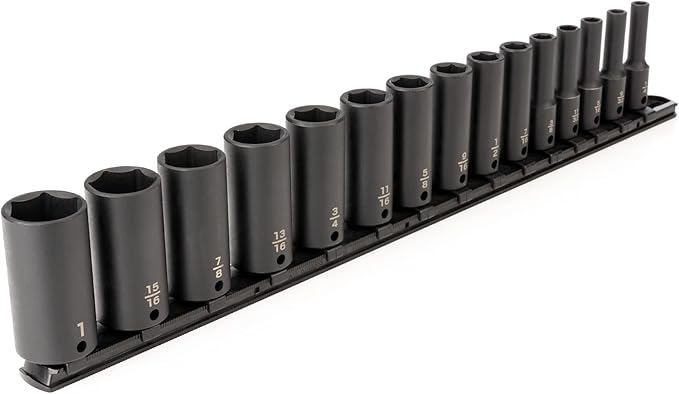 TEKTON 3/8 Inch Drive Deep 6-Point Impact Socket Set with Rail, 15-Piece (1/4-1 in.) | SID91105