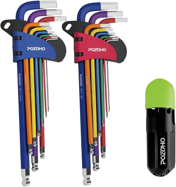 19-Piece Metric(1.5-10mm) & SAE(1/16"-3/8") Allen Wrench Set, Color-Coded Ball End Hex Key Set with Bonus Torque Handle, Extra-Long, Anti-Rust for Motorcycle, Car Repair & DIY, PTM01019B