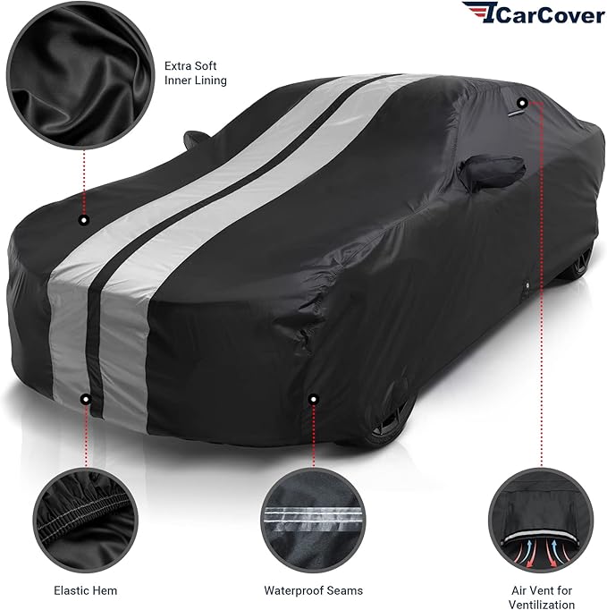iCarCover Custom Car Cover for 2003-2026 Mazda Mazda3 Waterproof All Weather Rain Snow UV Sun Protector Full Exterior Indoor Outdoor Car Cover (Stripe - Black/Gray)