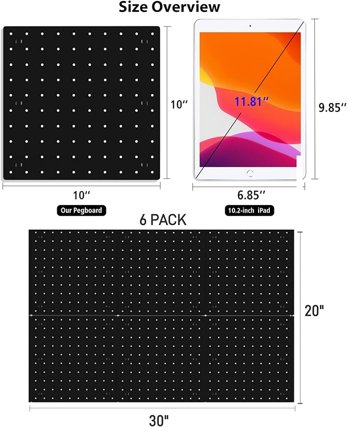 Peg Board Wall Organizer Panels - 6Pcs Black ABS Pegboard Wall Mount for Home, Craft Room, Garage, Kitchen, Workshop, Tool Organization, 10*10in (No Hooks and Bins)