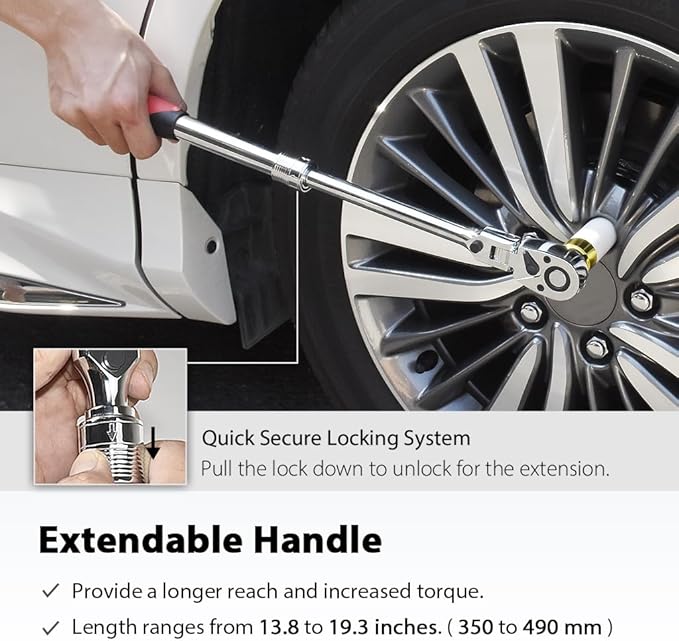 FIRSTINFO F3222ND Taiwan 1/2-Inch Drive Locking & Flexible Extendable Ratchet Wrench Reversible,Soft-Grip with 72-Tooth Geared Action (Length: 13.8-19.3 Inches)