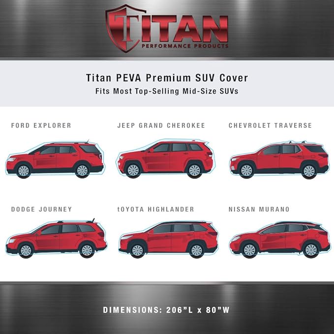 Titan Premium Multi-Layer PEVA Car Cover for Mid-Size SUV 188-206". Waterproof, UV Protection, Anti-Scratch Protective Lining, Driver-Side Zippered Opening. Fits Explorer, Grand Cherokee and More.