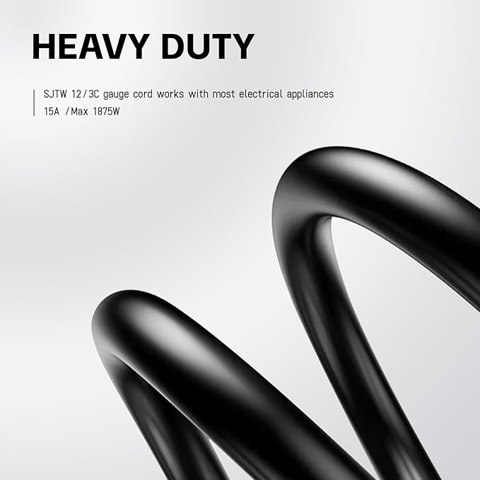 EP 15 Ft Outdoor Extension Cord, 12/3 SJTW Heavy Duty Waterproof Power Cable, 3 Prong Grounded Plug, Lighted End, for Lawn, Garden, Appliances, Black