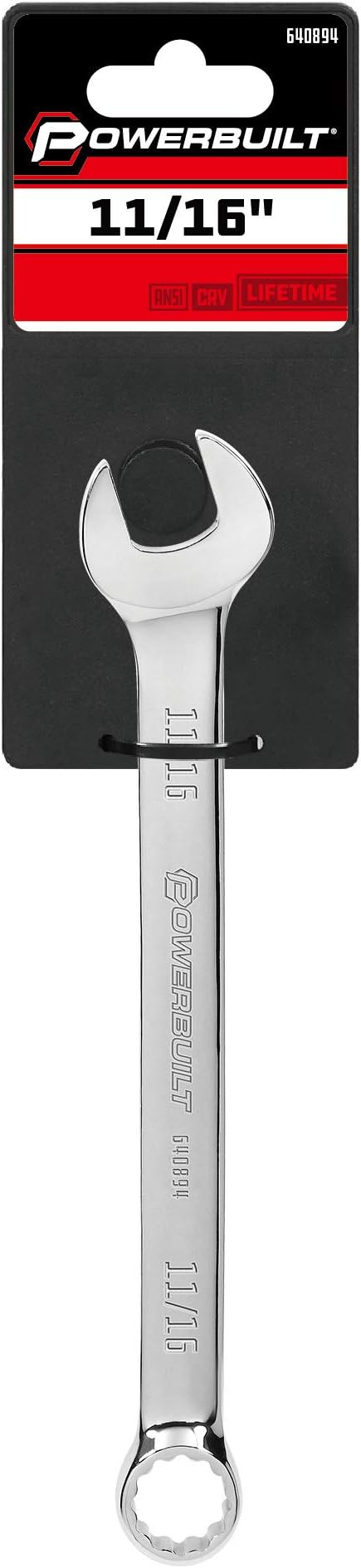 Powerbuilt 11/16-Inch SAE Combination Wrench, 12 Point Double Ended Box and Open End, 15 Degree Offset Polished - 640894