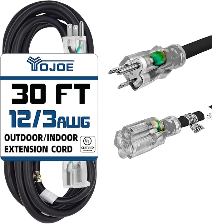YOJOE Indoor Outdoor Extension Cord with Lighted End, 3 Prong 15A Weatherproof Power Cord, 12 Gauge Heavy Duty 30 ft Black Extension Cord for Garage, Garden and Home, 12/3 SJTW UL Listed