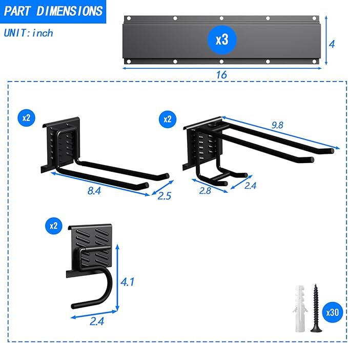 CBWLWJ Garage Tool Organizer Wall Mount, 48 inch Garage Wall Organizer, 400lbs Sturdy Garden Tool Organizer with 6 Adjustable Hooks, for Yard, Shed, Basement, Workshop(Black)