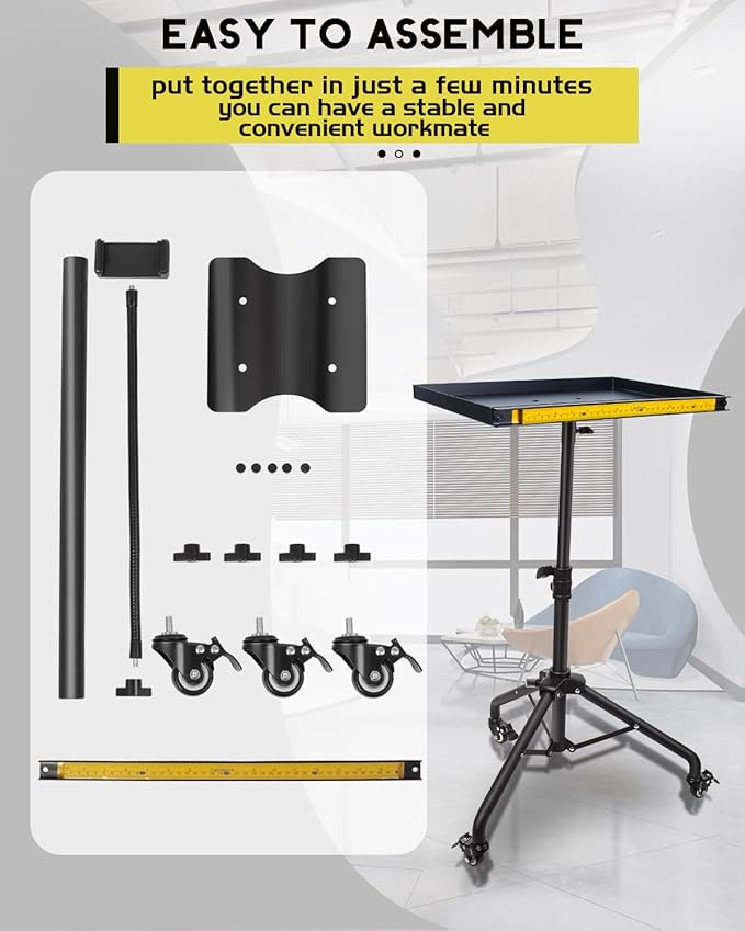 Rolling Tool Cart with Phone Stand, Portable Work Table Mobile Service Tray Cart with Magenetic Ruler Measurement Tool Holder for Light Duty, Garage Tool Organizer Workbench Mechanic Cart