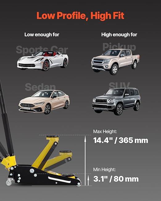 VEVOR Low Profile Floor Jack 1.5 Ton (3300 LBS), Aluminum and Steel Race Ground Elevator with Dual Pistons Quick Lift Pump Auto Repair Car Maintenance, Lifting Range 3-3/20"-14-10/27"