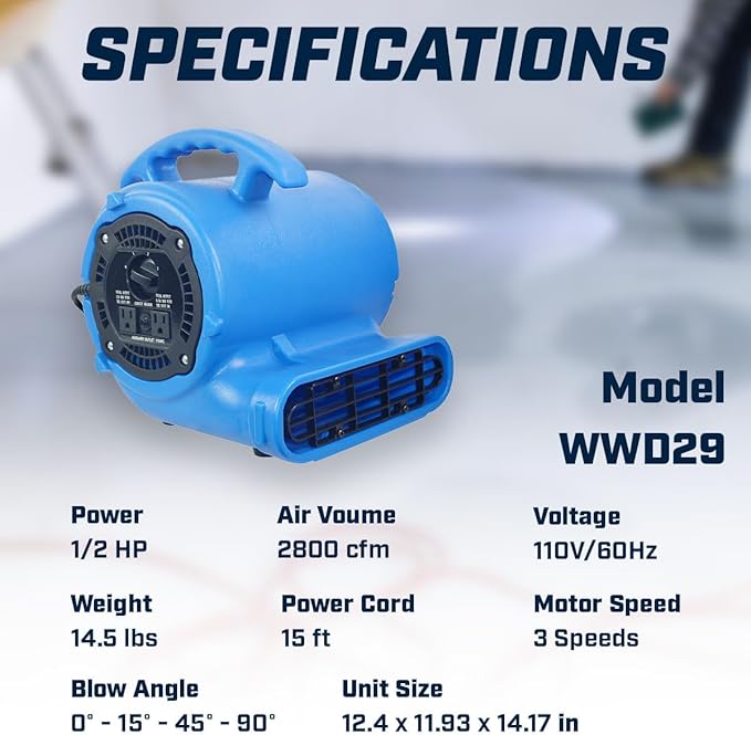 1/2hp 2800CFM Speed Air Mover Carpet Dryer Floor Fan Cooling Fan - Industrial Heavy Duty Abanico de Piso Blower Fan with High Power for Commercial and Industrial Use