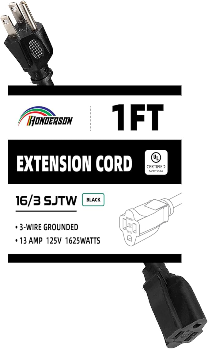 Extension Cord, UL Certified, 16 Gauge 1FT Black 3 Prong Heavy Duty, 16/3 SJTW 13A Power Cord for Lights, Appliances, Lawn