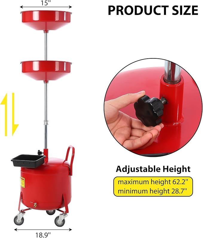 20 Gallon Oil Drain Tank, Fluid Fuel Transfer Tank, Portable Oil Drain Container, Air Operated Drainer with Wheels and a Toolbox, Adjustable Funnel Height (8 Gallon-Red)