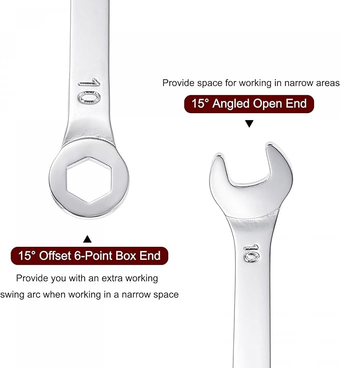 uxcell Thin Combination Wrench with Offset 6-Point End and Angled Open End, Metric Mirror-Chrome Plated High Carbon Steel, for Household Repairs, 10mm