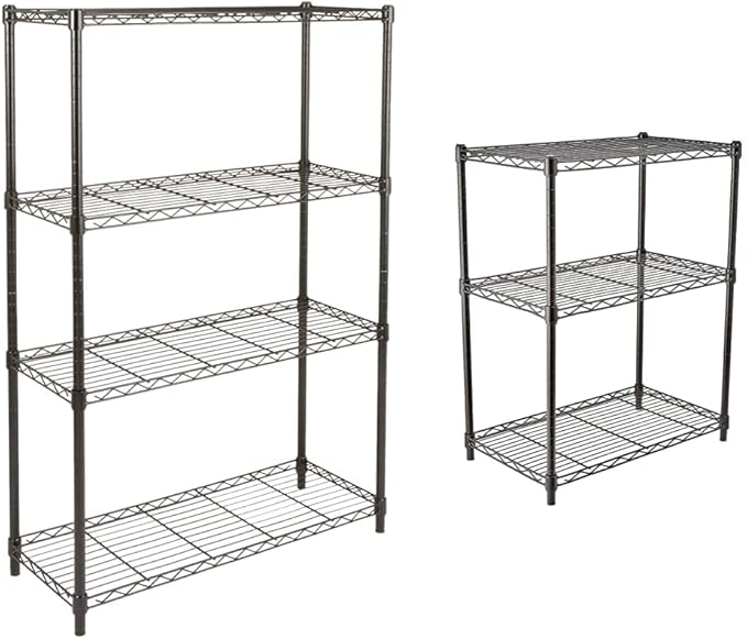 AmazonBasics 4-Shelf Adjustable, Heavy Duty Storage Shelving Unit, Black (36L x 14W x 54H) & 3-Shelf Adjustable, Heavy Duty Storage Shelving Unit, Black (23.3L x 13.4W x 30H)
