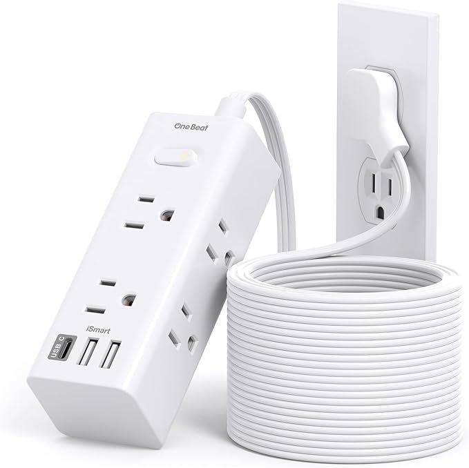 20Ft Extension Cord with Multiple Outlets, Flat Plug Power Strip Surge Protector with 20 Ft Long Cord, 6 Outlet 3 USB Ports (1 USB C), Multi Outlet Wall Plug for Travel, College, Dorm Room Essentials