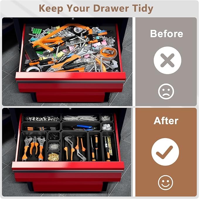 A-LUGEI【X-Large Size】【5 Pcs】 Tool Box Organizer Tray Divider【Single Size】 Black Plastic Desk Drawer Organizer Garage Organization for Wrench Plier Hammer Bit Socket Extension Screwdriver Bolt Hex key