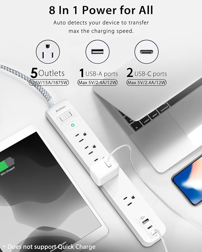 6Ft Power Strip Surge Protector, Flat Extension Cord - Outlet Extender with 2 USB C 5 Wildely AC Outlets, Flat Plug, Desktop Charging Station for College Dorm Room Essentials, White