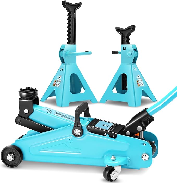 PM PERFORMOTOR Low Profile Hydraulic Trolley Service/Floor Jack Combo with 2 Ratchet Jack Stands, 2 Ton (4000 lbs) Capacity, Tiffany Blue, PM-TOL-FJ3P-TB