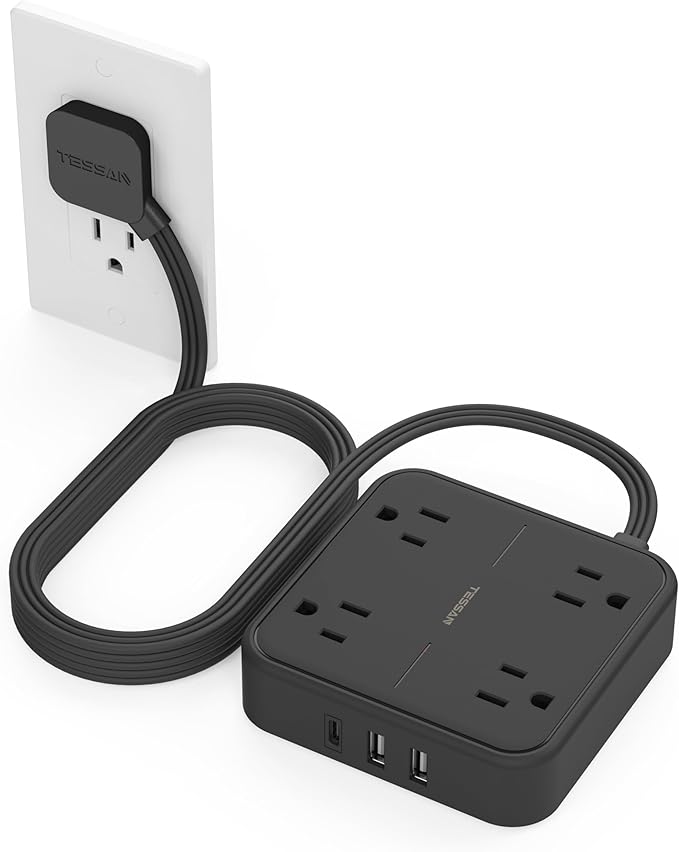 TESSAN Surge Protector Flat Extension Cord 10Ft, Flat Plug Power Strip with 4 Outlets 3 USB Ports (1 USB C), 900 Joules Protection, Multiple Wall Outlet Extender Suitable for Home Office Dorm, Black