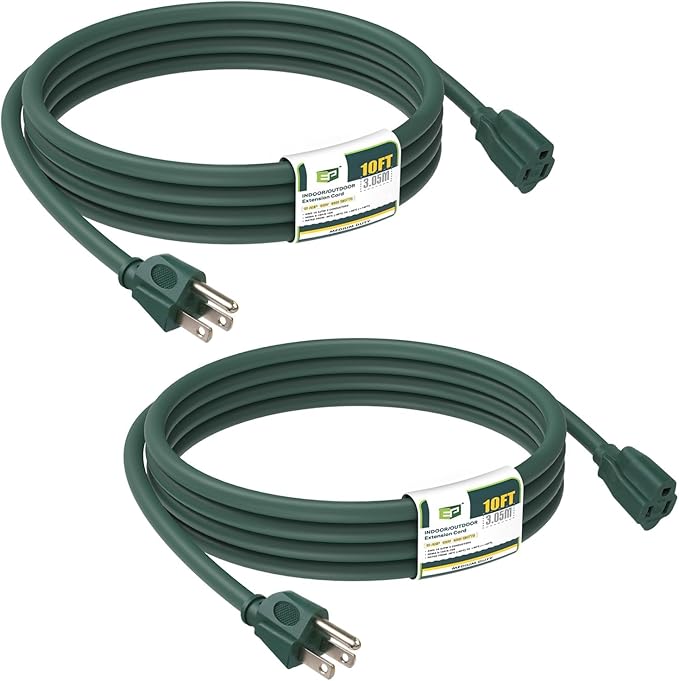 EP 2 Pack 10FT Green Outdoor Extension Cord, 16/3 SJTW Heavy Duty Waterproof, 3 Prong Grounded Plug, 13A 1625W 16AWG, Cold-Resistant Flexible Power Cable for Garden, Home, Christmas Lights