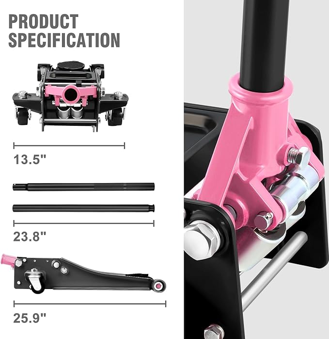 PM PERFORMOTOR Low Profile Hydraulic Trolley Service/Floor Jack, 3 Ton (6000 lbs) Capacity, Lifting Range 3"-20",Pink,PM-TOL-FJ30-PK