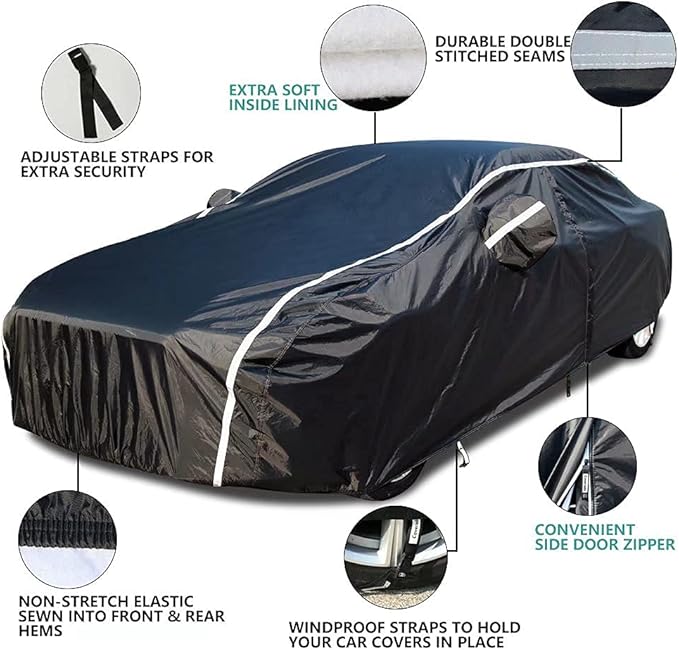 Waterproof Car Cover for Automobiles All Weather - Coverado Car Cover Heat Protection with Zipper Door, Cotton Backing Snowproof UV Protection Windproof, Universal Fit for Sedan (201"-210")