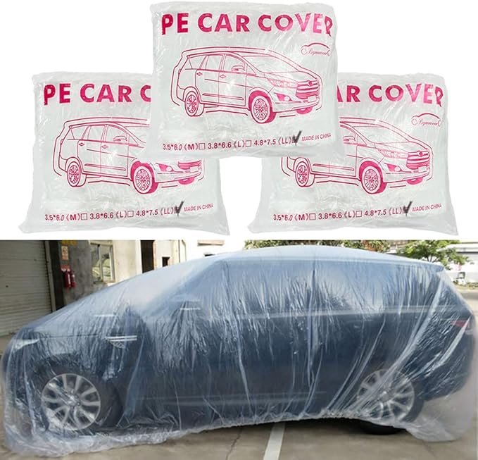 LuliKa 3 Packs Disposable Car Cover Clear Plastic Car Cover Universal Rain Dust Garage Cover with Elastic Band Large (15.7FT x 24.6FT)…