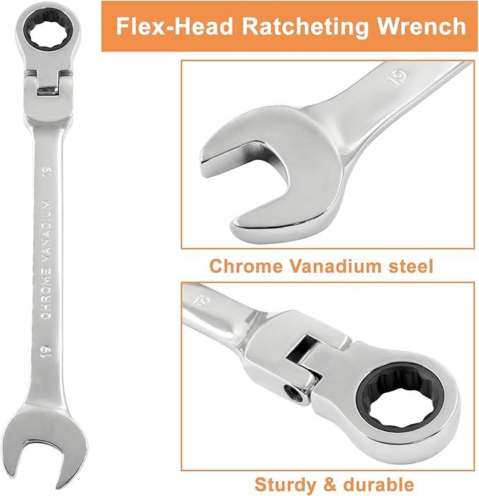 Piutouyar 19mm Flex-Head Ratcheting Wrench, Professional Metric Ratchet Wrench Combination Wrench Box Ended Spanner Tool for Projects Repair(5° Movement and 72 Teeth 12 Point, CR-V)
