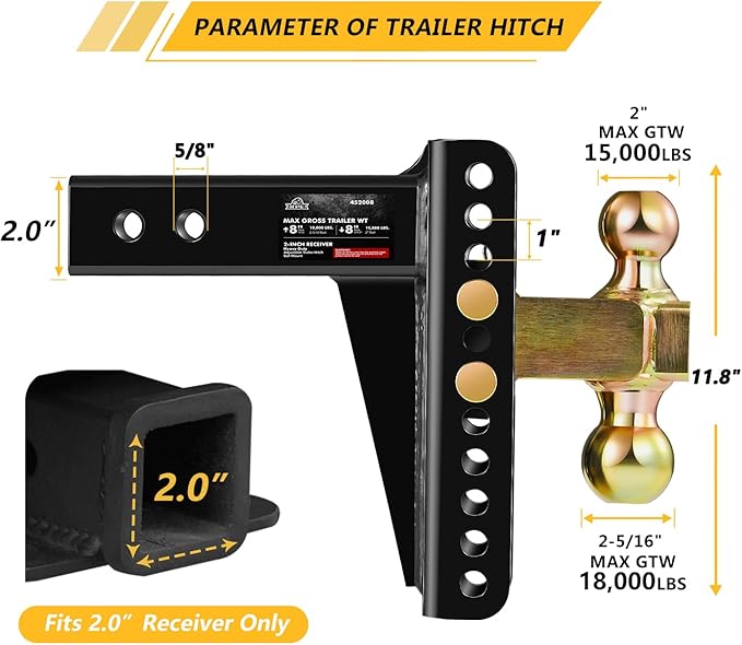 Adjustable Trailer Hitch, Fits 2.0-Inch Receiver, 8-Inch Drop/Rise,2" & 2-5/16" Ball Hitches for Trucks, 18,000 LBS GTW - Receiver Hitch with Anti-Theft Pin, Solid Ball Mount, BLK,X-452008