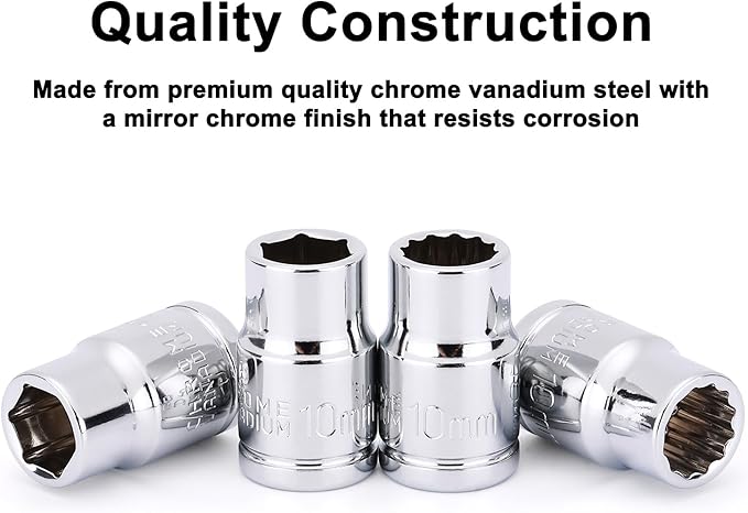 CASOMAN 10Piece Impact Socket Set, 1/4" & 3/8" Drive, Deep & Shallow, 10mm, Metric, Mirror Chrome Finish
