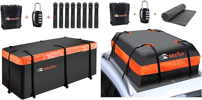 Combo of MeeFar Hitch Mount Cargo Carrier Bag Soft Shell 20 Cubic Feet 100% Waterproof + 15 Cubic Feet Car Roof Bag Cargo Carrier