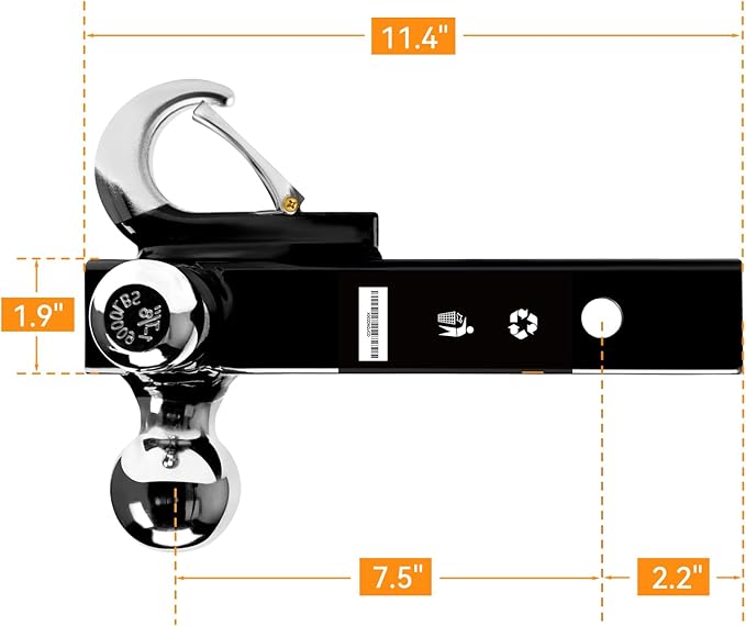 ORCISH Tri-Ball Trailer Hitch with Self-Lock Latch & Hook, Chrome Trailer Ball Size 1-7/8", 2" and 2-5/16", Fit 2 Inch Hitch Receiver, Anti-Theft Locking Tow Hitch Mount, 10,000 lbs Max Capacity