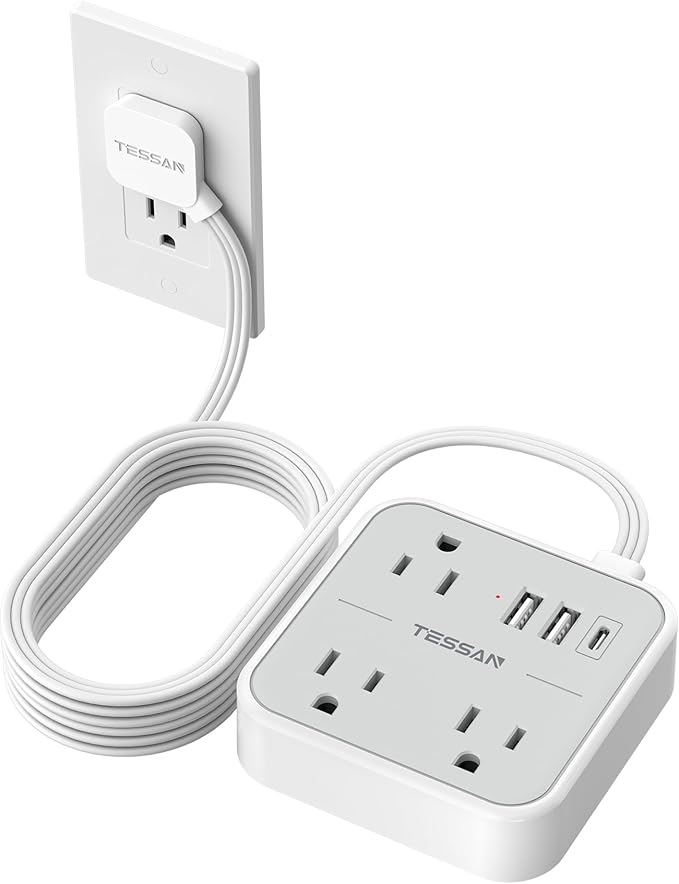 Extension Cord Flat Long Power Strip 15 FT, TESSAN Surge Protector Power Strip with USB Ports (1 USB C), Flat Wall Outlet Extender with 3 Outlets for Home, Office, School, Dorm Room Essentials